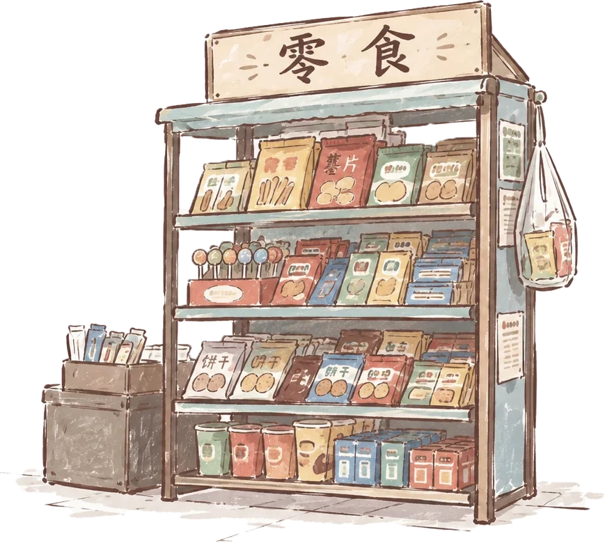 摆满零食与饮料的货架插画