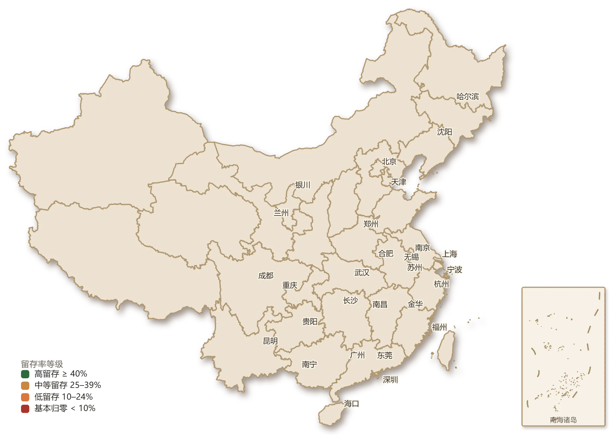 28 个样本城市报刊亭留存度分布地图：按高留存（≥40%）、中等留存（25–39%）、低留存（10–24%）、基本归零（低于 10%）四级着色，全国 28 城中有 5 城高留存、3 城中等、12 城低留存、8 城基本归零；右下角插图框为南海诸岛及其附属岛屿