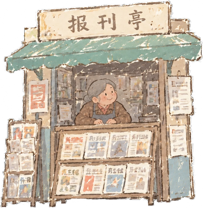 报刊亭经营者插画：亭子里整理报刊的经营者