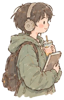 戴着耳机、抱着笔记本的年轻人插画